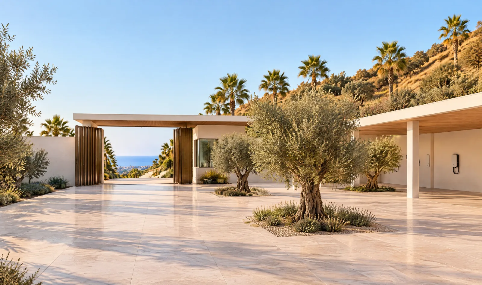 The arrival court with its olive trees and the open gate.