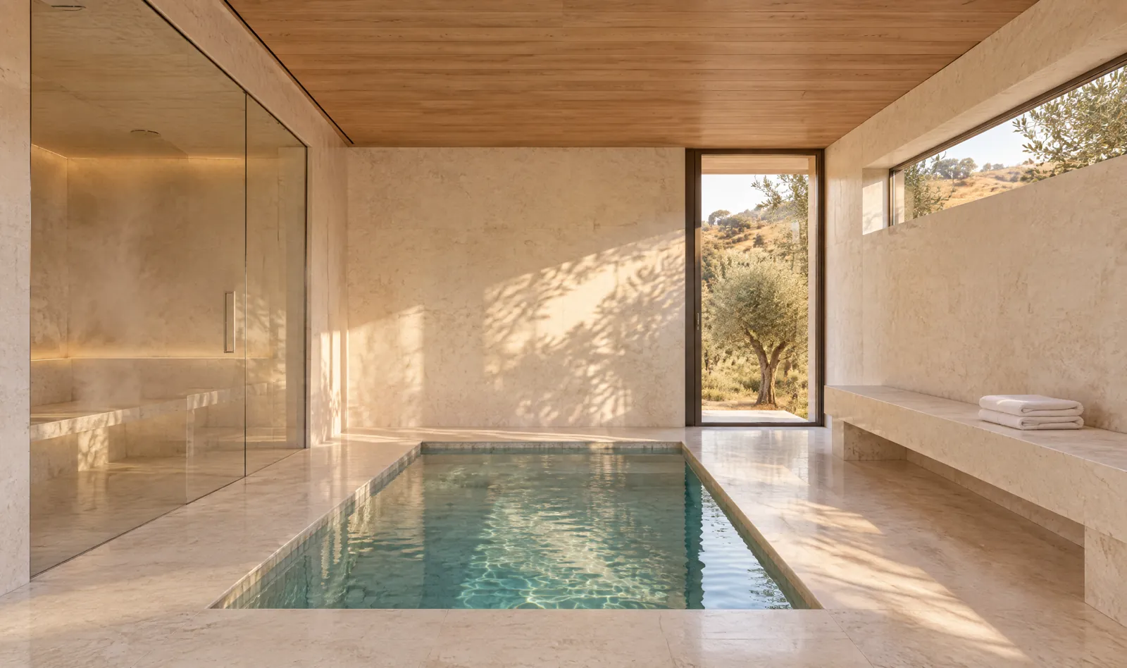 The Bathhouse, a cold plunge pool in a room of pale limestone.
