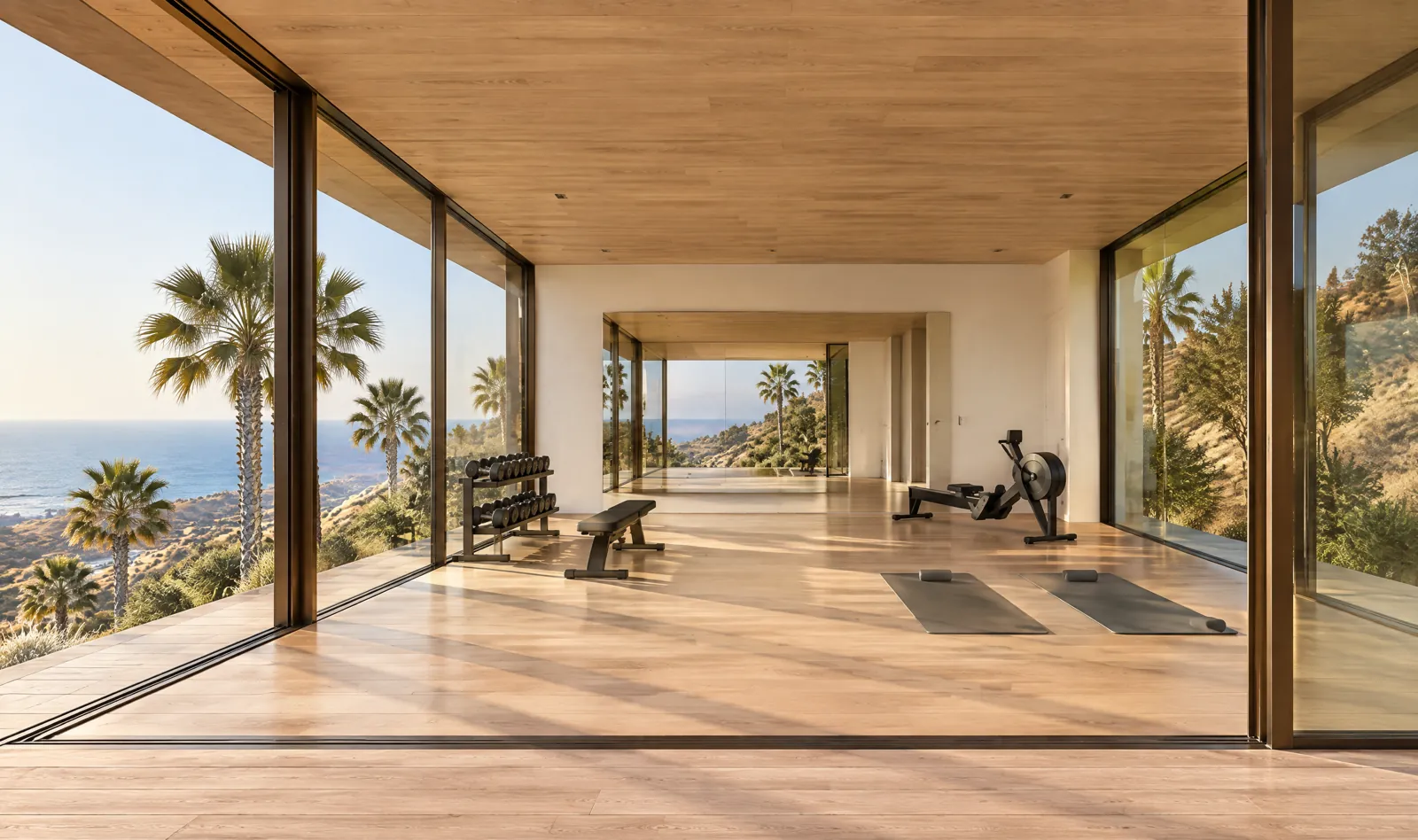 The gym pavilion, glass on two sides, facing the canyon.