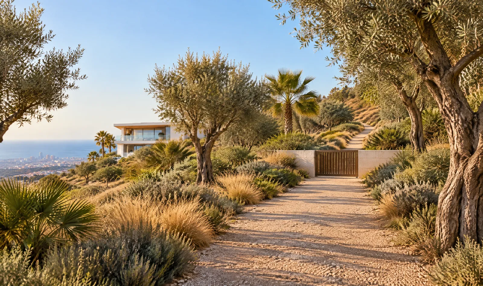 A gravel path between olive trees leading to the trail gate.