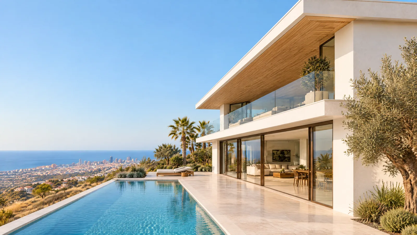 The pool along the terrace, the house beside it and the city and ocean beyond.