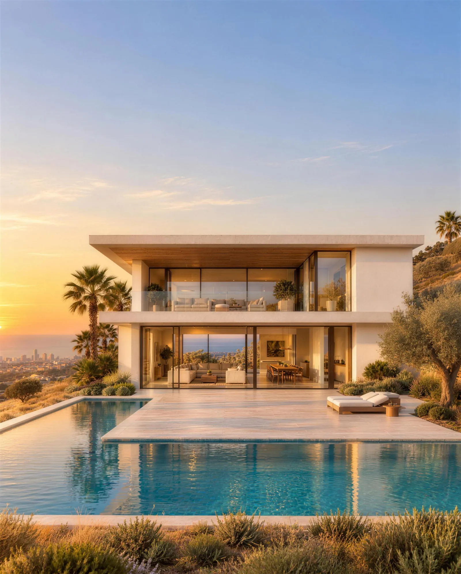 The house at golden hour under a wide evening sky.