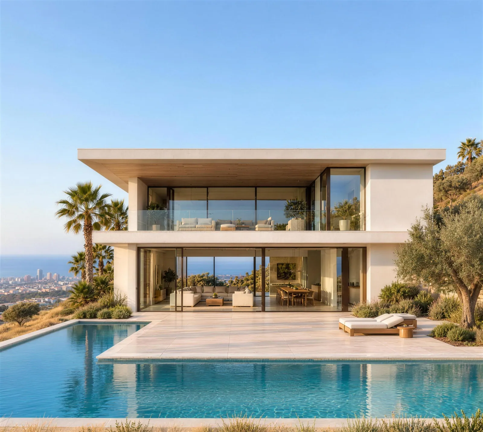 The Canyon House seen across its pool in late afternoon light, with the city and ocean below.