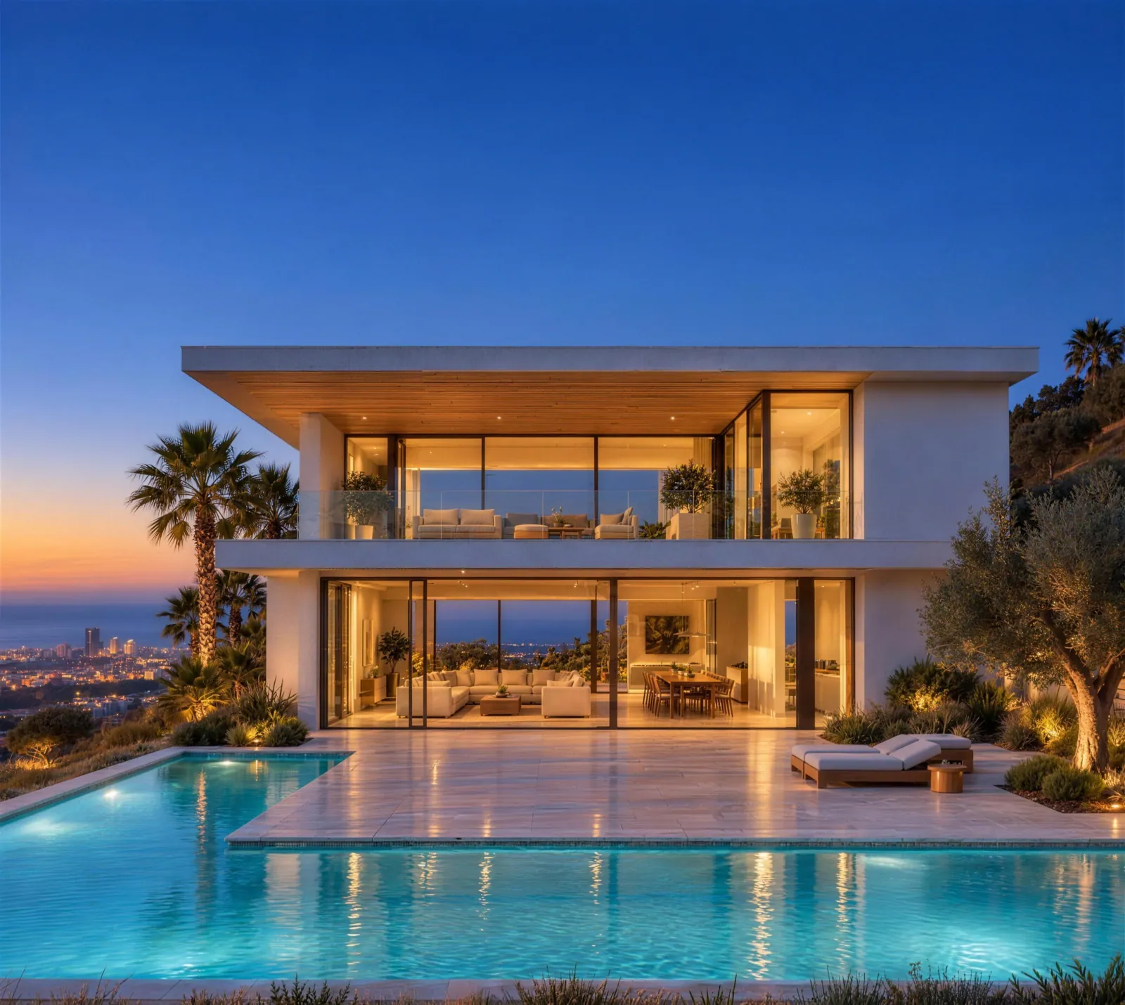The same house at blue hour, lit from within, with the city lights below.