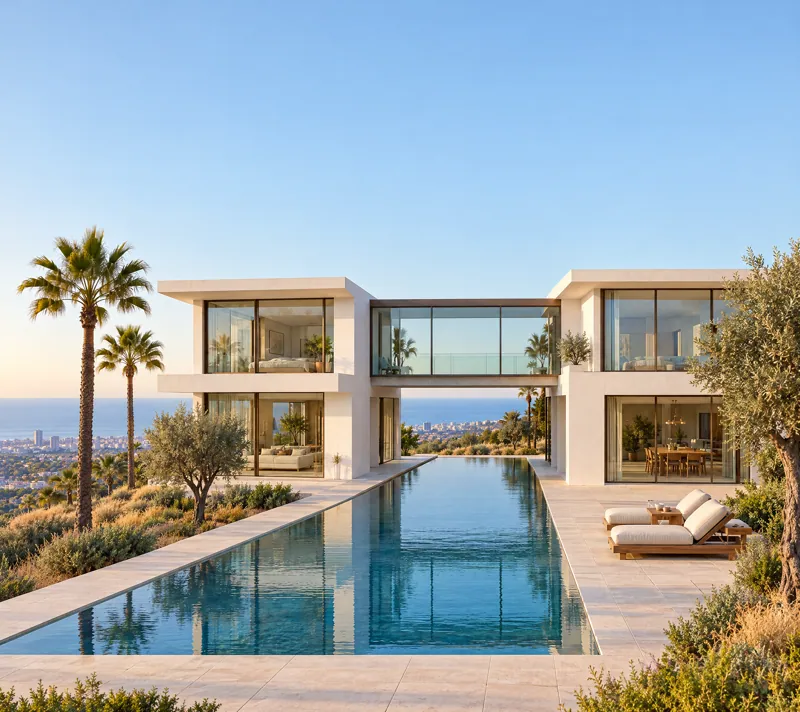 The Bridge House: two white wings joined by a glass bridge, the pool running out between them.
