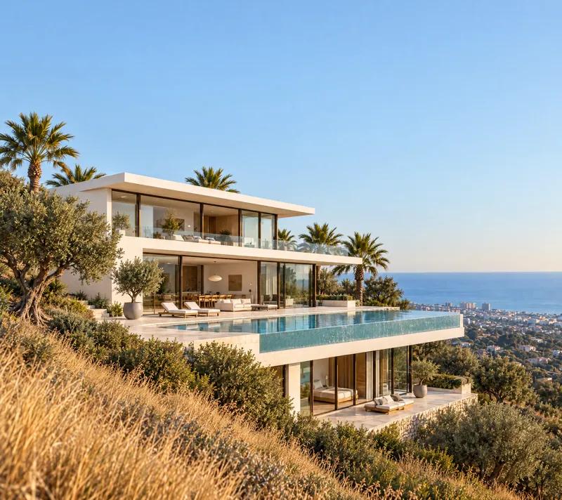 The Ridge House: three levels stepping down the slope, the pool on the middle terrace.