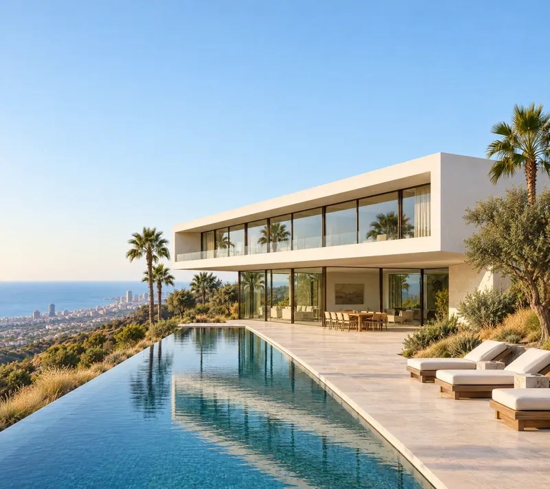 The Terrace House: two long levels beside a terrace and a pool that runs toward the ocean.