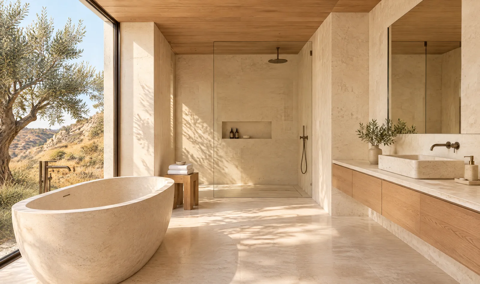 The bathroom with a stone bath beside a full height window.
