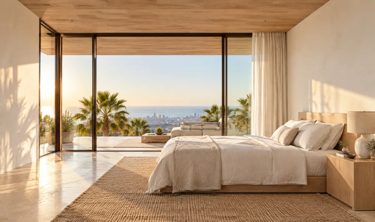 The main bedroom opening to the loggia above the city.