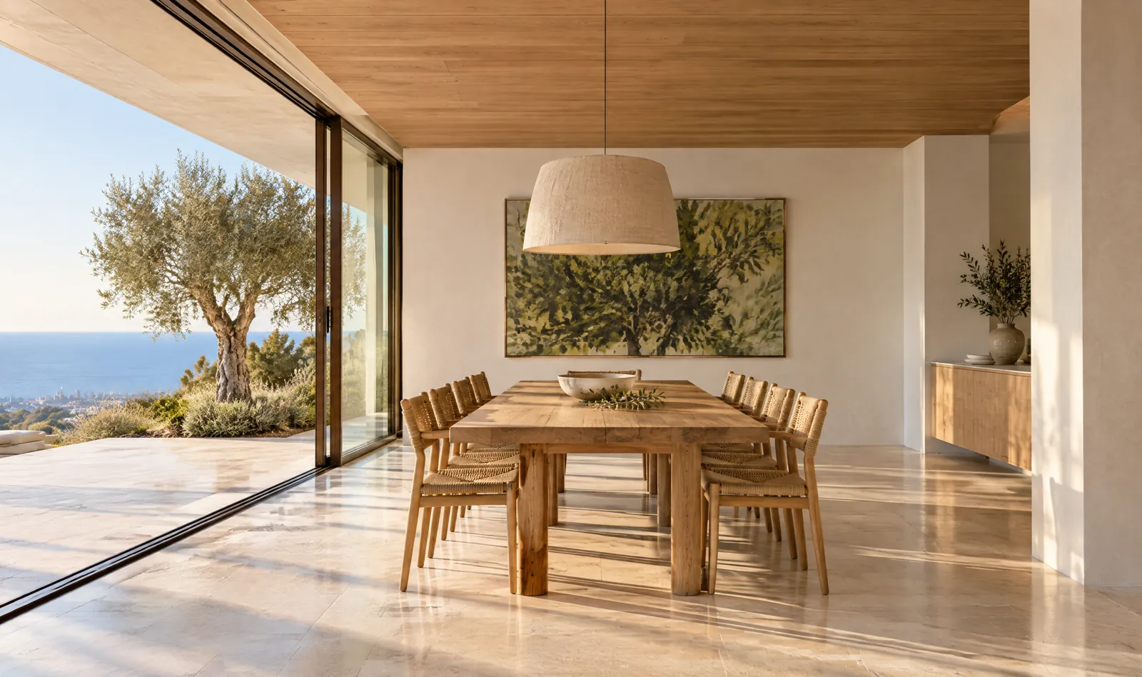 The dining table beside the open glass, an olive tree and the ocean beyond.