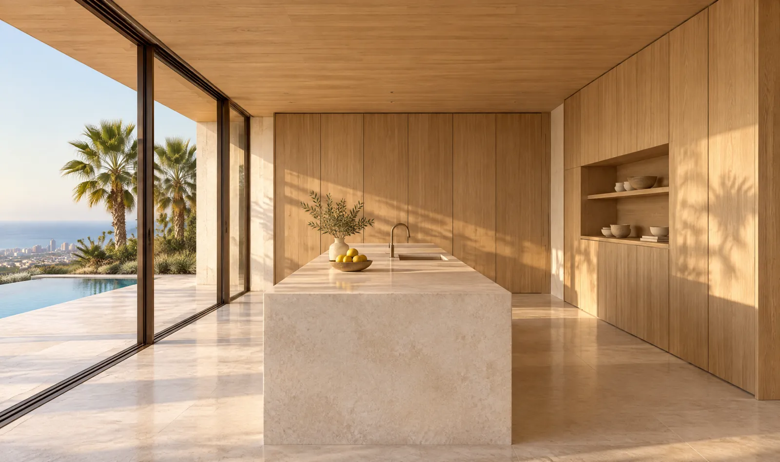 The kitchen with a long limestone island and timber fronts.