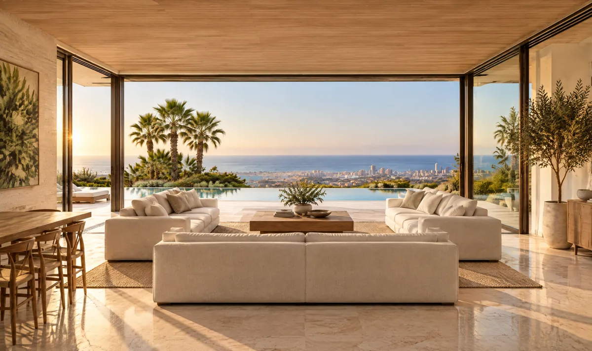 The living room open to the terrace, the pool and the view.