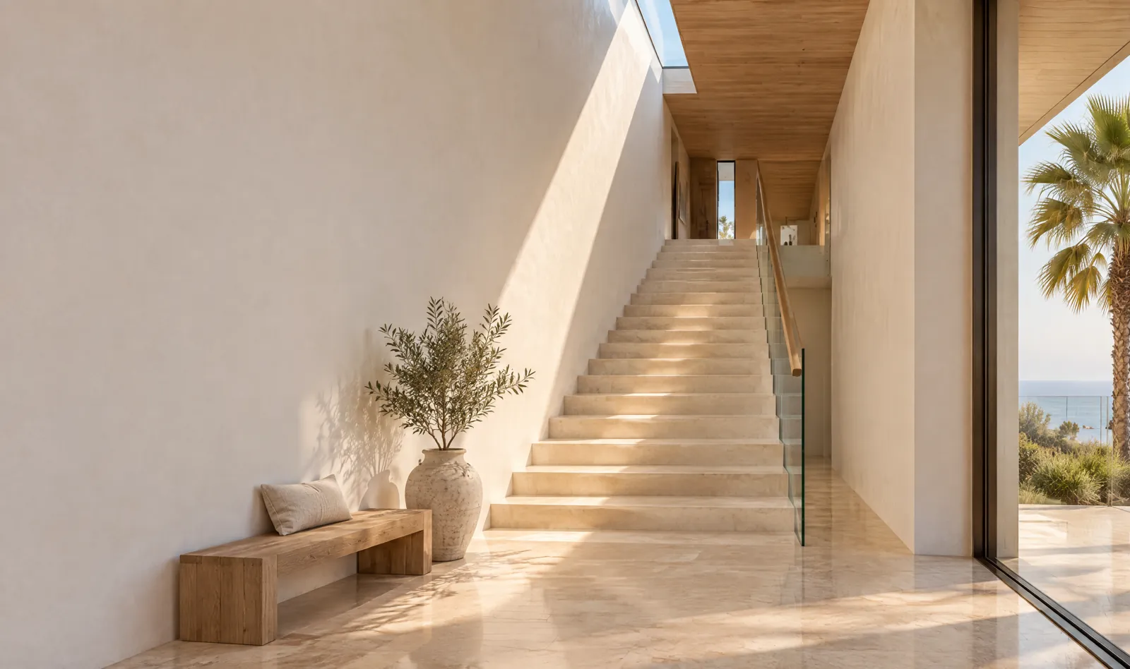 The stair hall: limestone steps along a white wall, lit from a skylight.