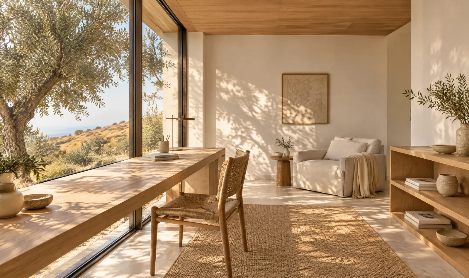The study, a long timber desk at a window onto the hillside.