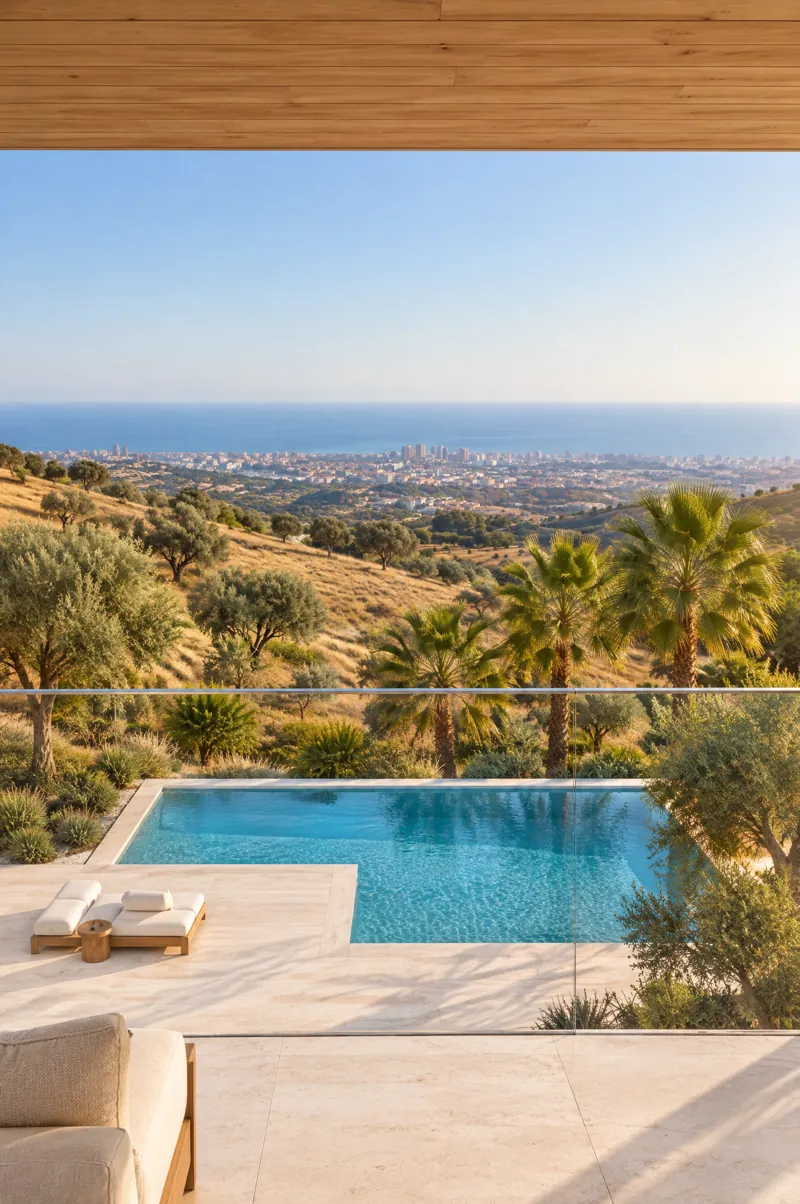 The pool and the dry hills seen from the upper loggia.