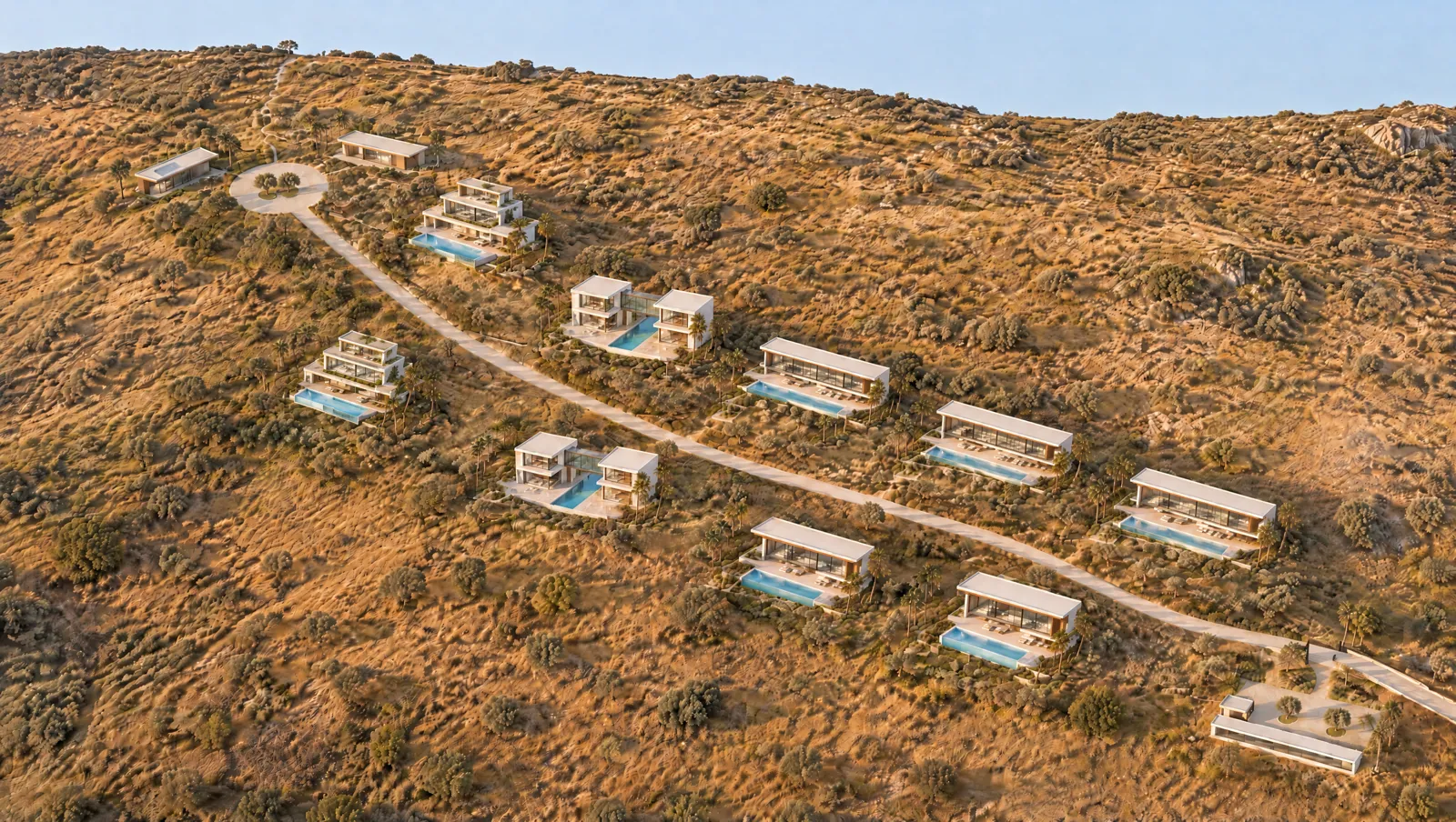 Oriel Canyon from the air: nine villas of four designs along one road that climbs the dry hillside from the gate to the olive court.