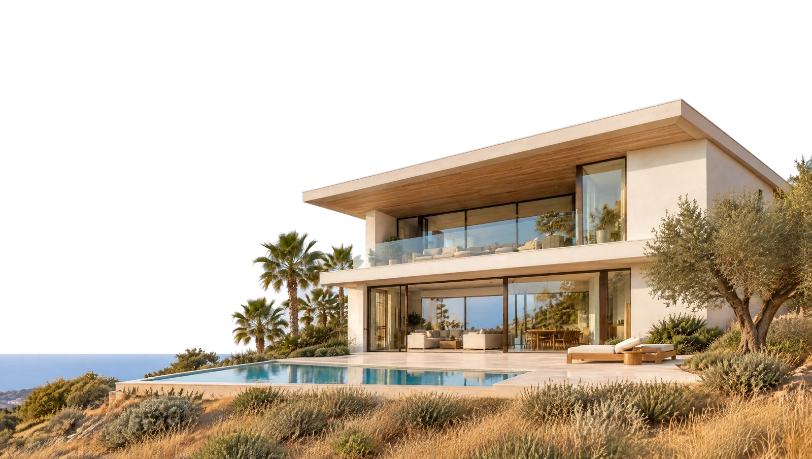 The house seen from the hillside below, its roof reaching out over the terrace and the pool.