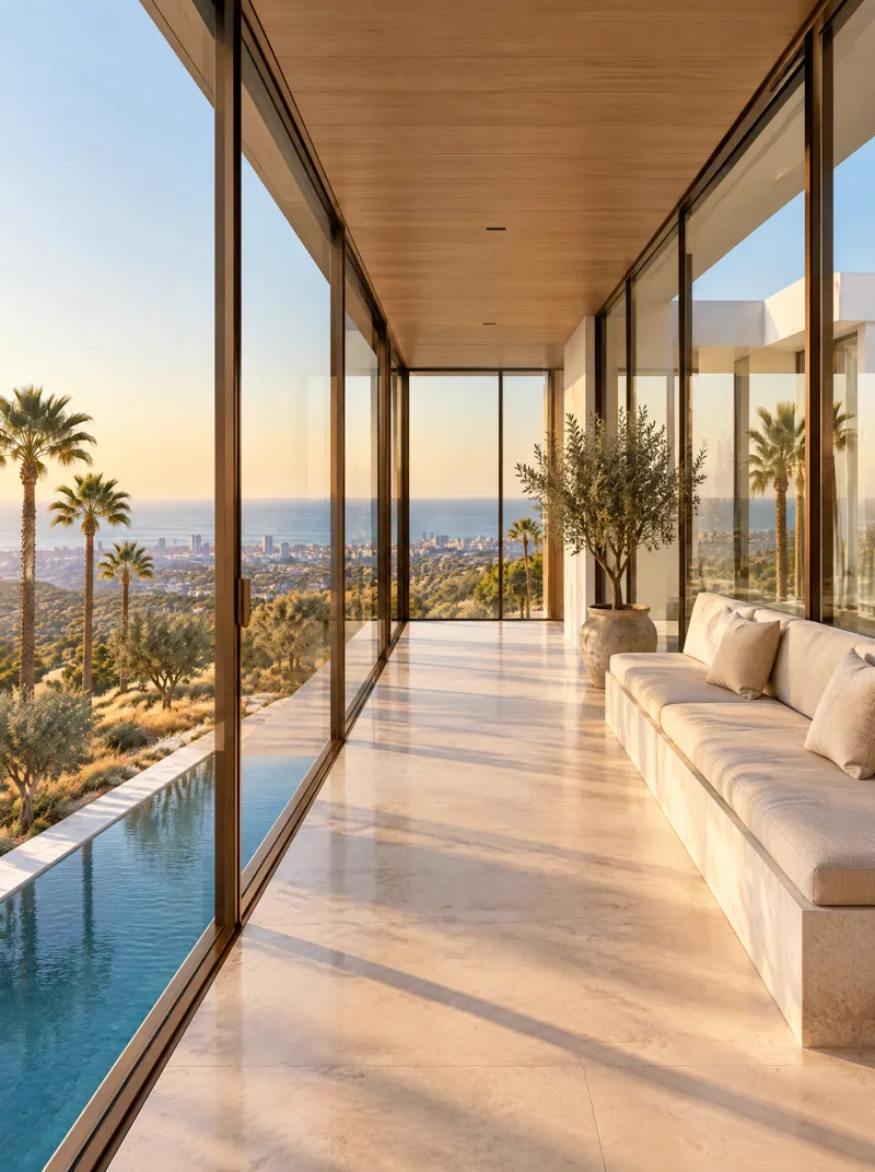 The glass gallery between the two wings: a bench along the glass, the pool beside it and the ocean beyond.
