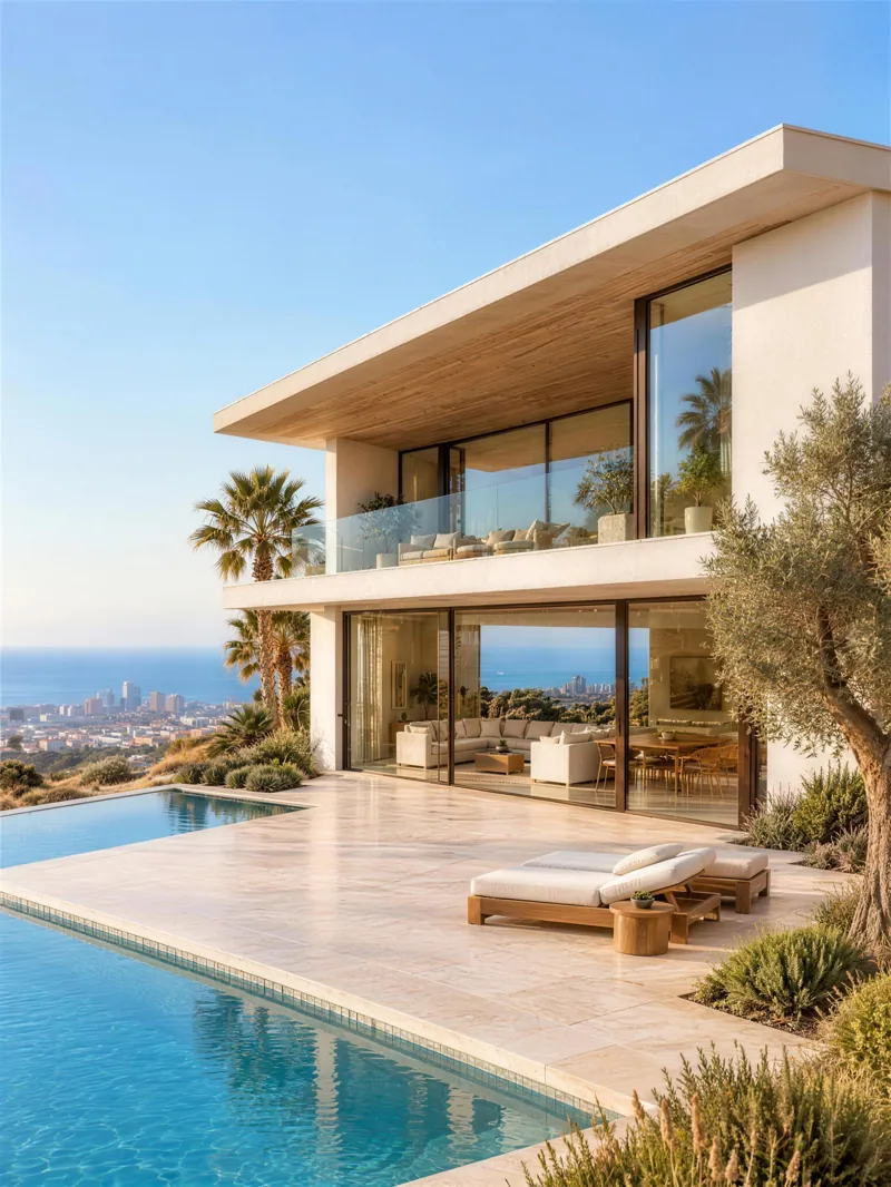 The roof, the loggia and the glass front of the Canyon House.