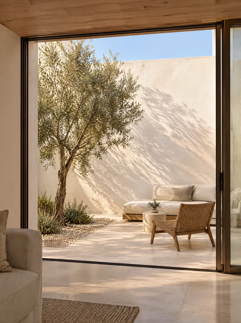 An inner patio open to the sky, with an olive tree and a low sofa, seen through an open glass door.