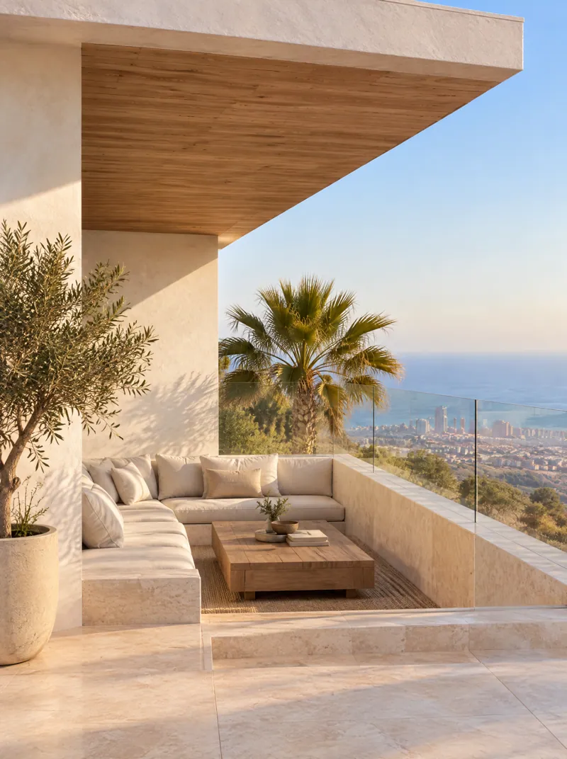 A sunken seat on the rooftop terrace, half under the roof, above the city and the ocean.