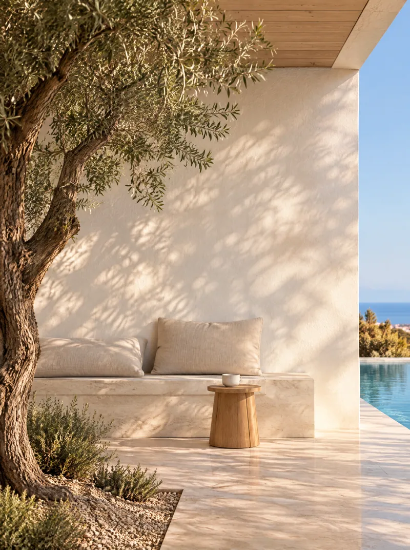 A shaded corner of the terrace: a limestone bench under the roof, an old olive tree, the pool beyond.